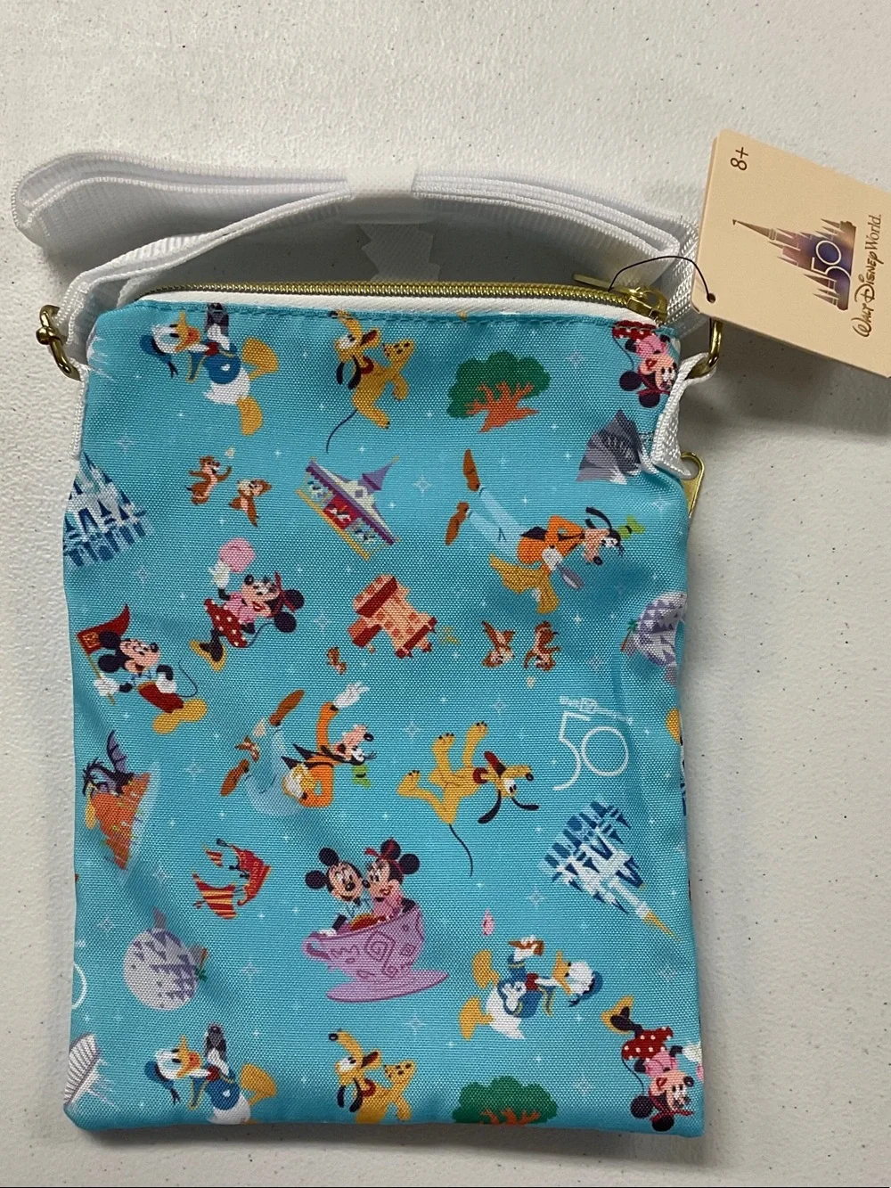 Loungefly 50 th Disney Character Crossbody Bag with White Strap